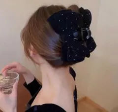 人気 ヘアクリップ バンスクリップ リボン ヘアーアクセサリー 黒 パール