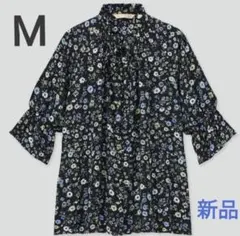 ユニクロ　ポールアンドジョー　フラワープリントブラウス（M　ブラック×ブルー）