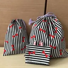 ハンドメイド ストライプ柄 リボン 巾着袋 2点 と 移動ポケット 3点 セット