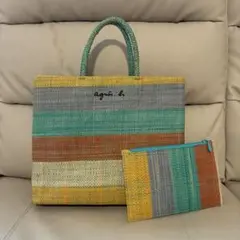 agnes b. アニエスベー ラフィア マルチストライプ トートバッグ美品