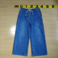レースアップワイドレッグデニムパンツM グローバルワーク