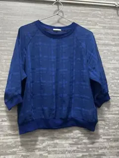 青いチェック柄五分袖トップス Mサイズ