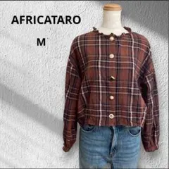 ◆アフリカタロウ　ビジューボタン　フリルネックブラウス　チェック柄　綿100のサムネイル