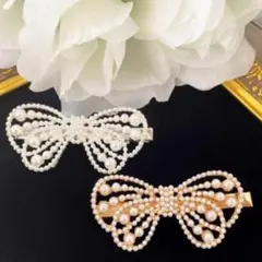 バタフライリボン パールヘアクリップ 韓国 量産型 二点セット ha00124