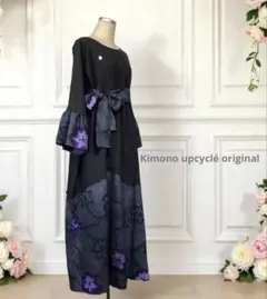 着物リメイク☆黒留&絞りのコラボ☆エレガントモード☆ティアードワンピース☆フリー