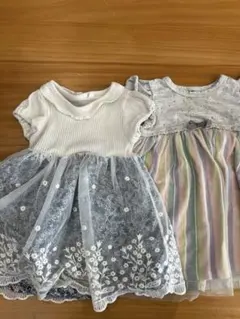 90サイズ ワンピースセット（ホワイト・グレー・ストライプ）