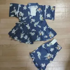 新品 110cm mamaraku ママラク 花柄 甚平 女の子 ネイビー 紺