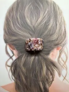 インド刺繍リボン　ヘアカフ　ポニーフック　花柄刺繍　ビーズ刺繍　スワロフスキー