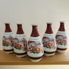新品未使用　九谷焼　美しい花柄の徳利 5個セット　昭和レトロ　一輪挿し