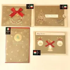 クリスマスカード　ツリー　オーナメント　リース　ゴールド４枚セット