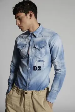 美品 21ss ディースクエアード デニムシャツ ダメージ加工 インディゴ 48