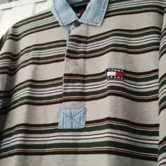 【一点物】TOMMY JEANS ラガーシャツ ボーダー ボルドーストライプ