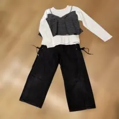 リボンチェック長袖シャツ&黒ジーンズセット　140cm