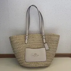 COACH ストロー素材 かごバッグ ホワイトレザー - メルカリ