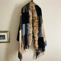 美品★リアルファー付チェック柄ストール　グレースコンチネンタル