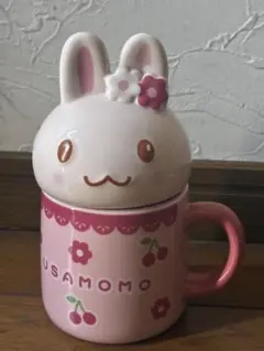 【うさぎ】USAMOMO 蓋付きマグカップ 陶器 ピンク かわいい 苺・お花柄