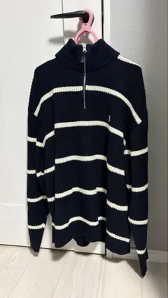 ネイビー ホワイト ストライプ ハイネックニット