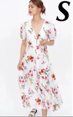 【ZARA】★花柄 フローラル プリントAラインミディドレス サイズS