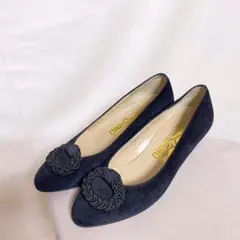 フェラガモ パンプス 編込 デザイン ネイビー レザー スウェード イタリア製