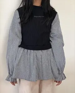 150 黒と白のギンガムチェック 長袖カットソー