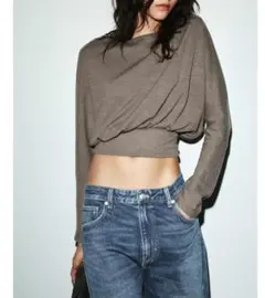 ザラ　ZARA ドレープクロップドトップス　ソフトロングスリーブニット