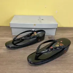 3F 【極美品・螺鈿細工】高級 和装草履 漆黒 エナメル 光沢 23cm 箱付き