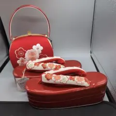 赤い花柄草履とバッグセット　成人式に