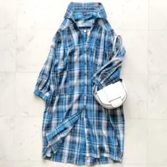 美品 アーバンリサーチ 長袖シャツワンピース コットン チェック ブルー