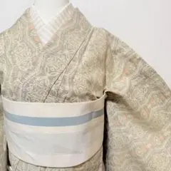 着物　紬　生成り　レース　花　単衣　小紋　美品　シルク　裄68のサムネイル