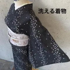 三花】未使用品 洗える着物 紫 桐生 高級ポリエステル 紗紬 裄68