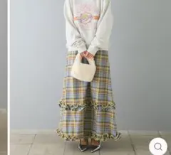 チェック柄フリルフレアロングスカート/BLUE