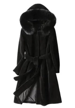 新品限定★最高級フォックスファー襟付き羊毛ロングコート帽子付 黒毛皮ファー