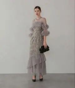 Leja フラワースパンコールチュールフリルスリーブIラインワンピースドレス