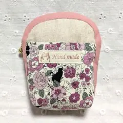ハンドメイド、猫ちゃん、花柄の縦長ポーチ、きなり、ピンク