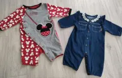 ミニーマウス柄ロンパースとデニムカバーオール2枚セット 50〜70cm