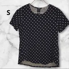 水玉模様 半袖Tシャツ 総柄 上品 きれいめ ネイビー 白 S 古着