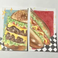 手描きイラスト 原画 2枚セット ハンバーガー ホットドッグ　アメリカン