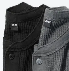 ユニクロ　ワッフルヘンリーネックTシャツ/長袖　BLACK/GRAY 2枚セットのサムネイル