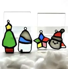 クリスマスツリー　サンタシマエナガ　チャーム　セット　ガラス　ステンドグラス