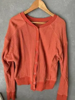 オレンジ リブ編み 長袖カーディガン