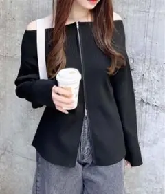 オフショルジップニットカーディガン