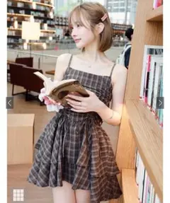 【新品未使用】GRL チェック柄ドロストリボンミニワンピース［dk1357］