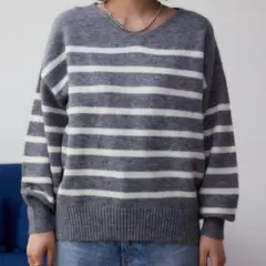 【新品未使用】AZUL by moussy Vネックニット ボーダー グレー