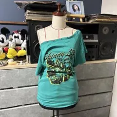 y2k グリーン ターコイズ オフショルダー Tシャツ スタッズ