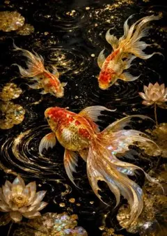 黄金の金魚と蓮 幻想和風アート アートポスター インテリア 絵画 壁掛け ギフト