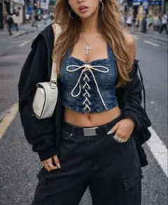 デニムビスチェ レースアップ コルセット風 Y2K 韓国 トップス モテ系