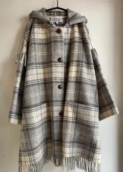 イタリア製　Wool　ウール　くるみボタン　グレーチェック　フリンジコート
