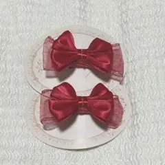 W101 ハンドメイドヘアクリップ2個セット『赤色レースあり』