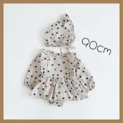 【90cm】 ベビー ロンバース 帽子 セット ハート柄 お出掛け 旅行 可愛い