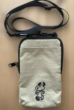 スヌーピー 刺繍 スマホショルダー ベージュ ナイロン